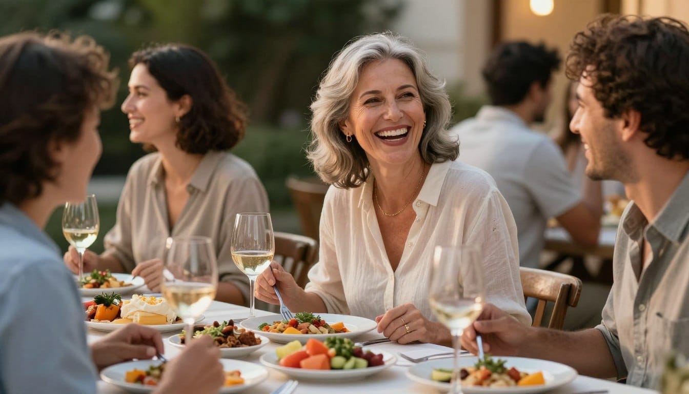 Confident healthy woman over 50 enjoying Mediterranean meal with friends Confident healthy woman over 50 enjoying Mediterranean meal with friends