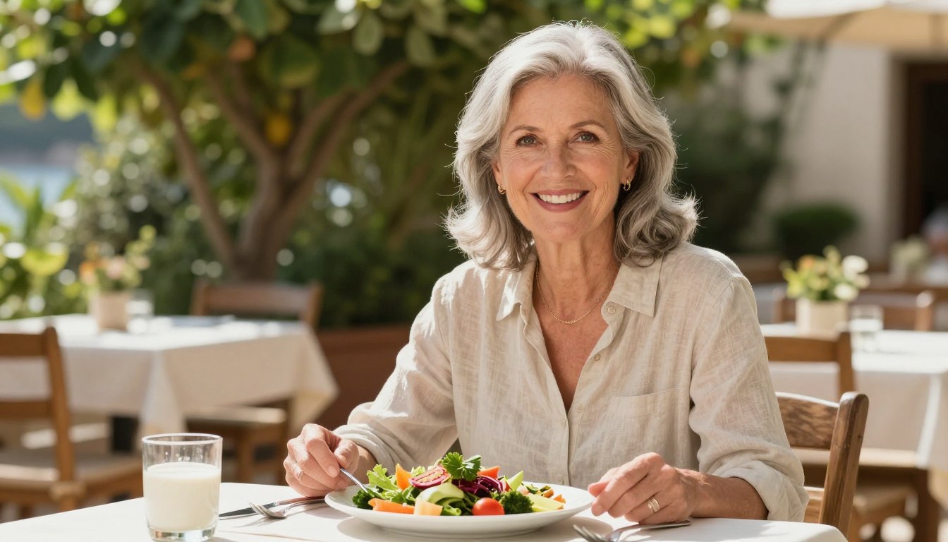 Confident senior adult over 50 enjoying healthy Mediterranean lifestyle with positive outlook Confident senior adult over 50 enjoying healthy Mediterranean lifestyle with positive outlook