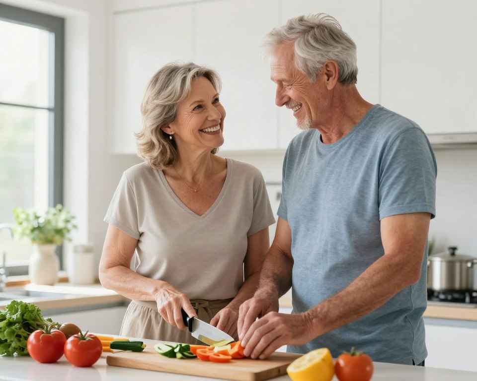 Elderly couple over 50 preparing healthy Mediterranean meal together in bright kitchen Elderly couple over 50 preparing healthy Mediterranean meal together in bright kitchen