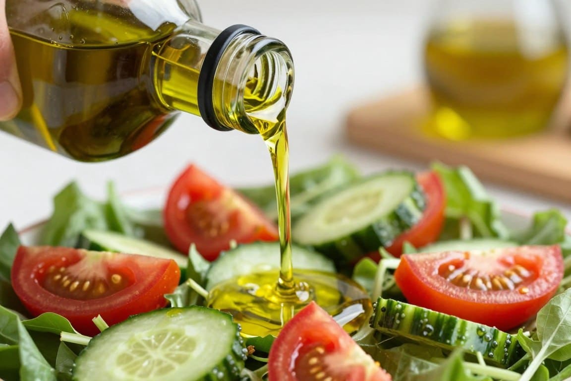 Extra virgin olive oil being poured from a bottle onto a salad