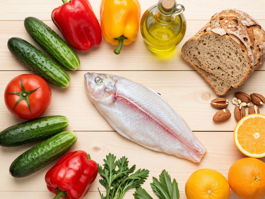 Fresh Mediterranean diet ingredients including vegetables, fish, and olive oil for gout prevention