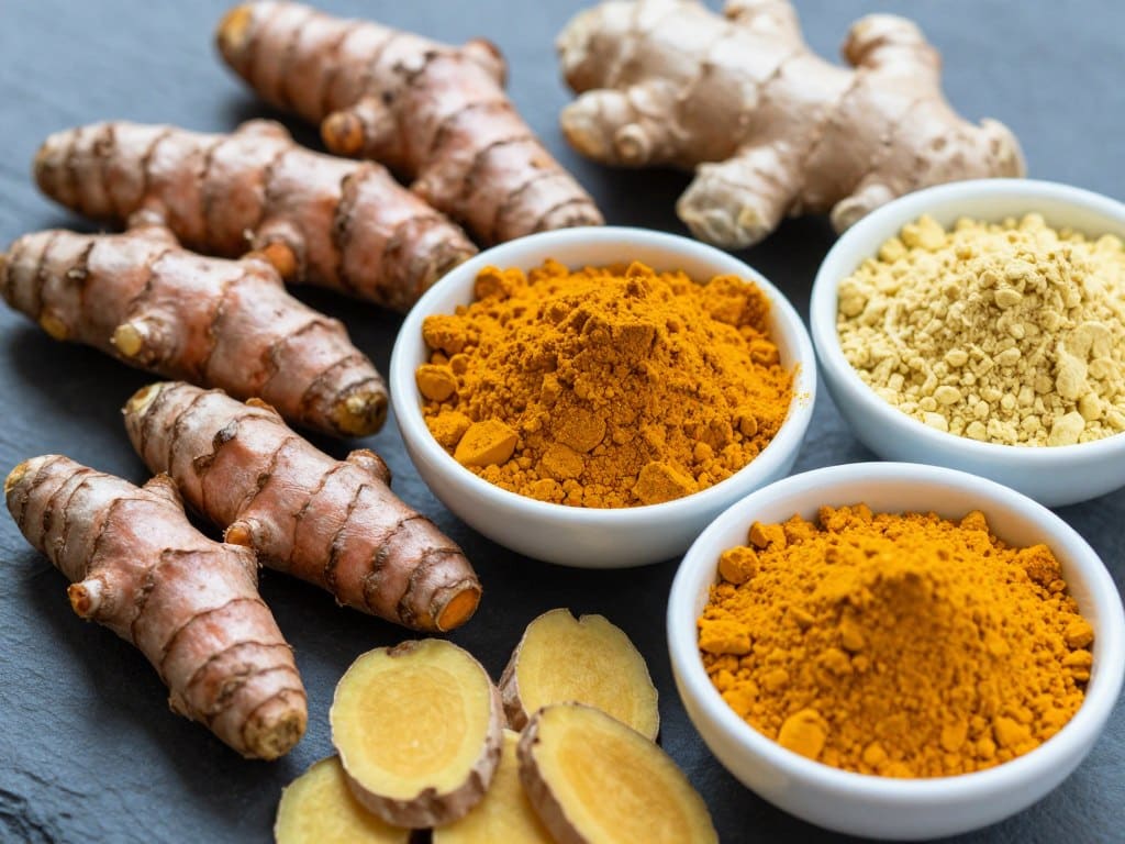 Fresh turmeric and ginger roots with ground spices