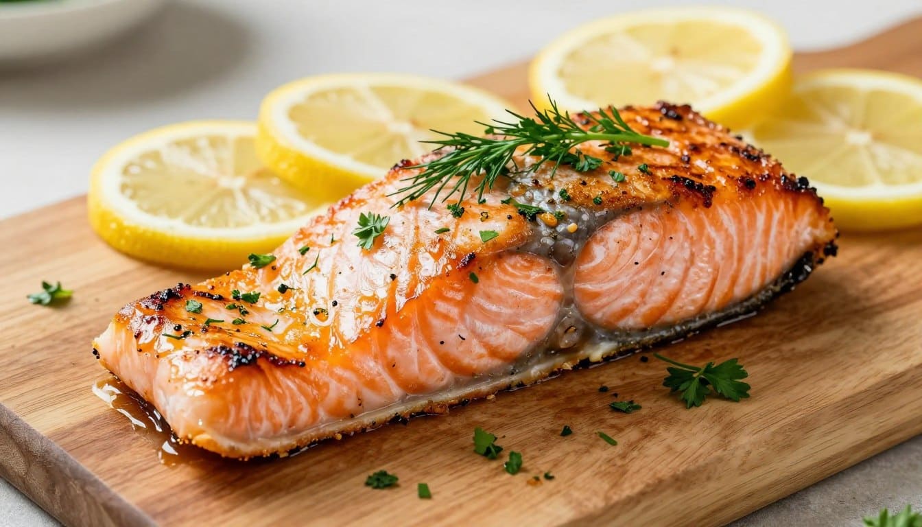 Grilled salmon fillet with herbs and lemon on a wooden board