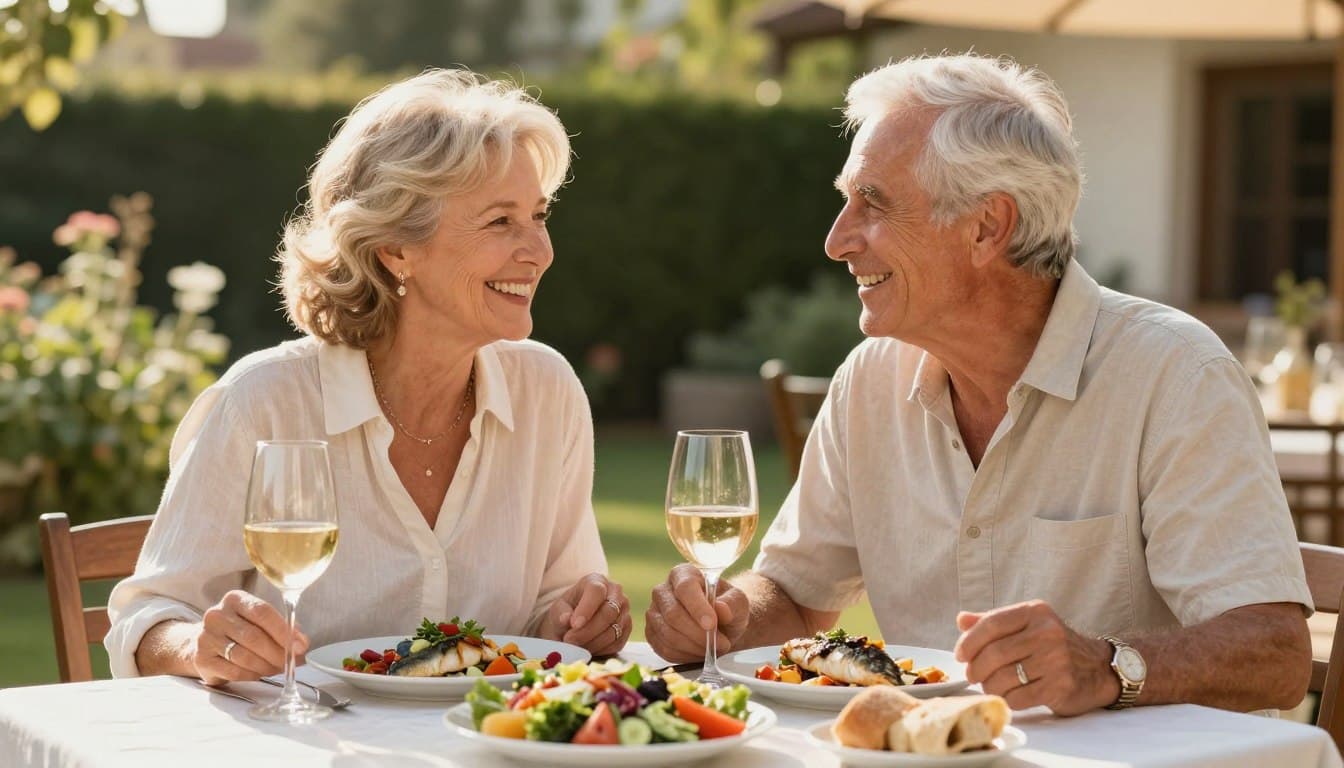 Happy healthy senior couple enjoying Mediterranean meal together outdoors