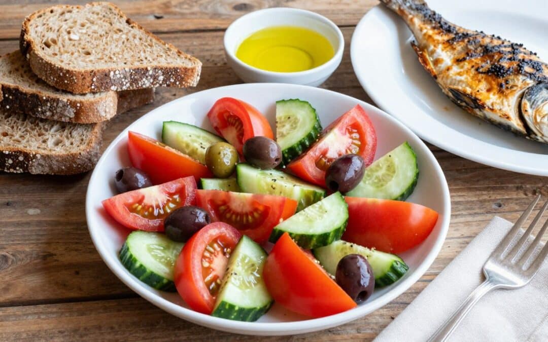 Healthy Mediterranean diet meal with fresh vegetables and olive oil for gout management