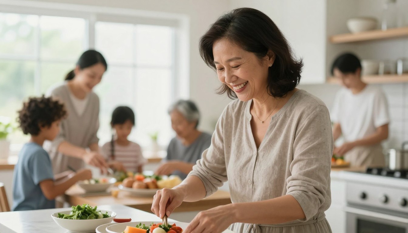 Healthy mature woman smiling while preparing Mediterranean meal with family members helping in background