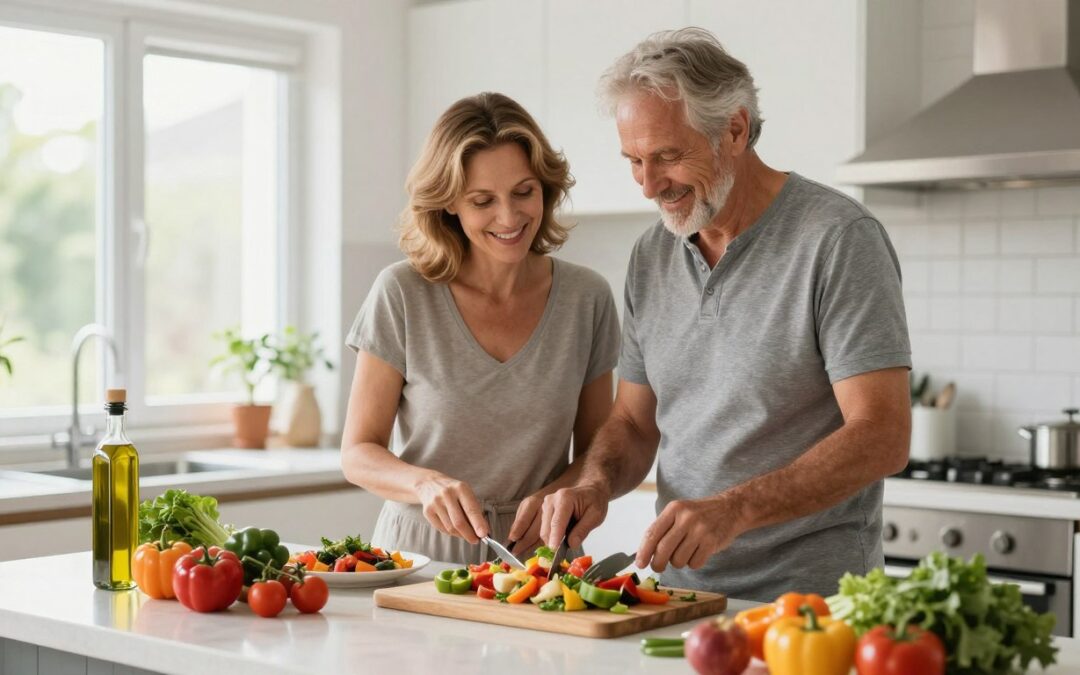 Healthy older couple preparing Mediterranean diet meal together in bright kitchen