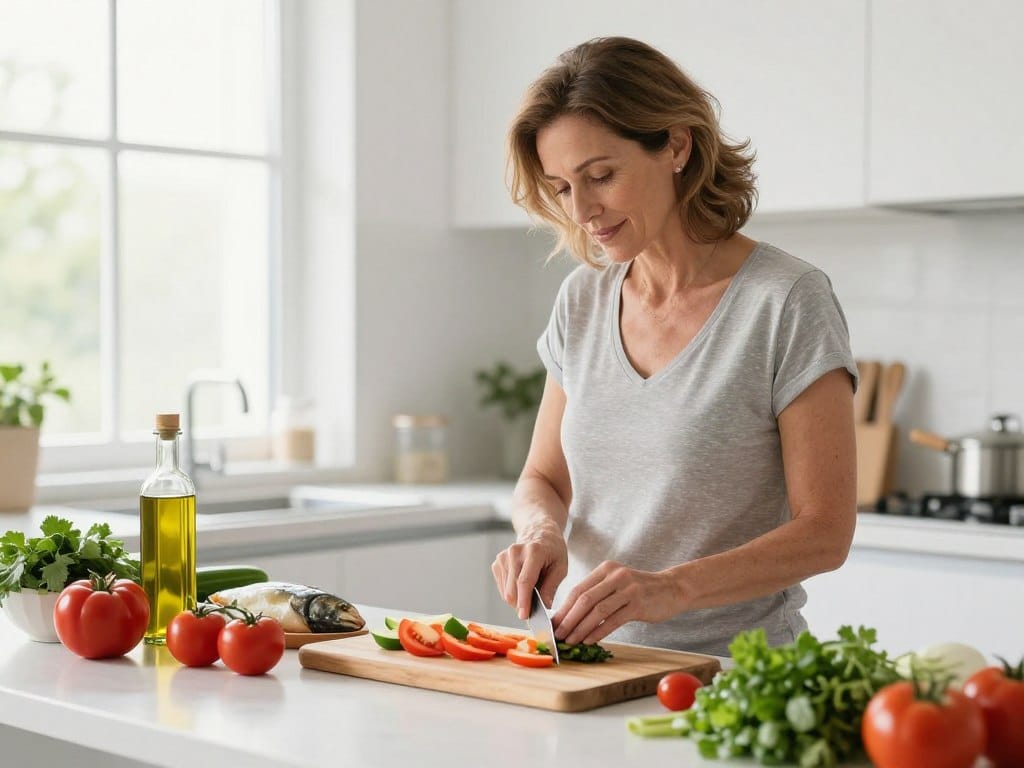 Mature person meal prepping Mediterranean diet foods in kitchen Mature person meal prepping Mediterranean diet foods in kitchen