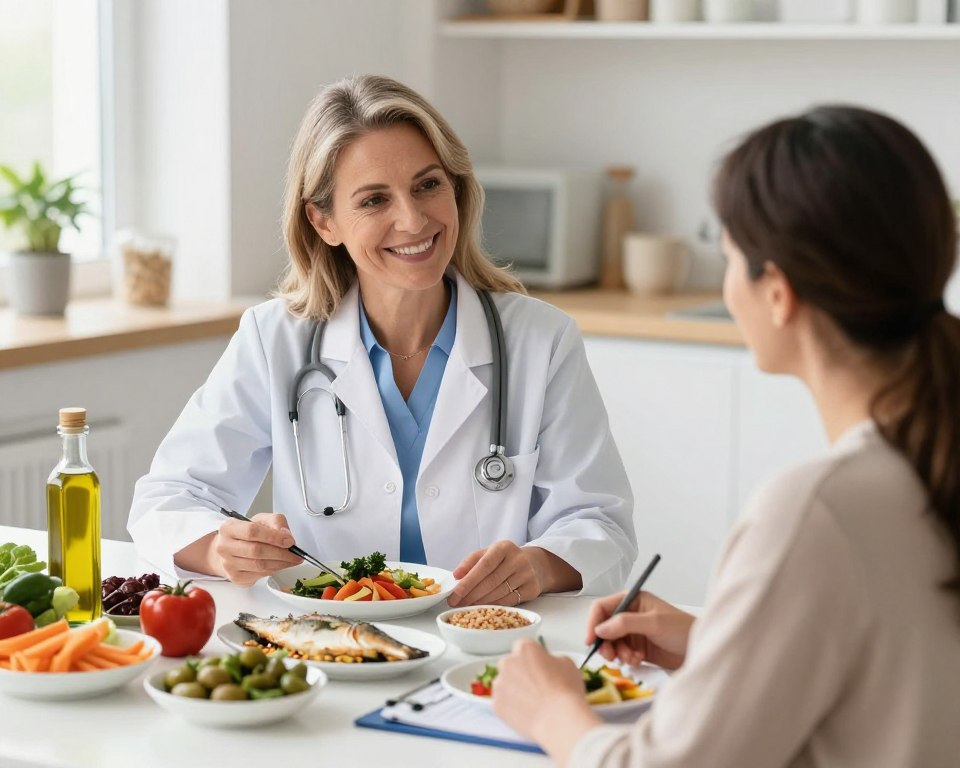 Mature woman consulting with nutritionist about Mediterranean diet meal plan with fresh foods on table