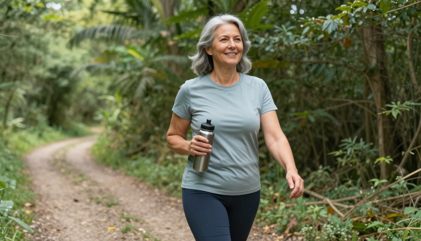 Mature woman over 50 walking outdoors in nature wearing comfortable athletic wear with water bottle