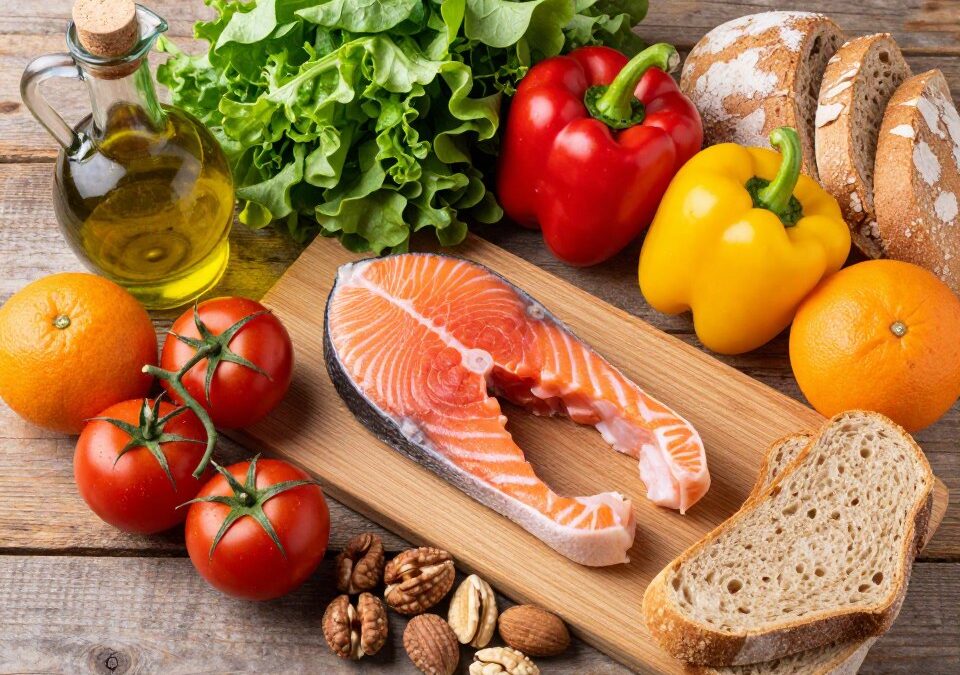 Mediterranean diet fresh ingredients including olive oil, fish, colorful vegetables and fruits on rustic wooden table