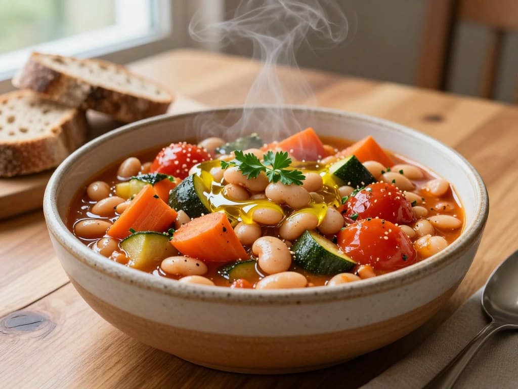 Mediterranean white bean stew with vegetables in rustic bowl