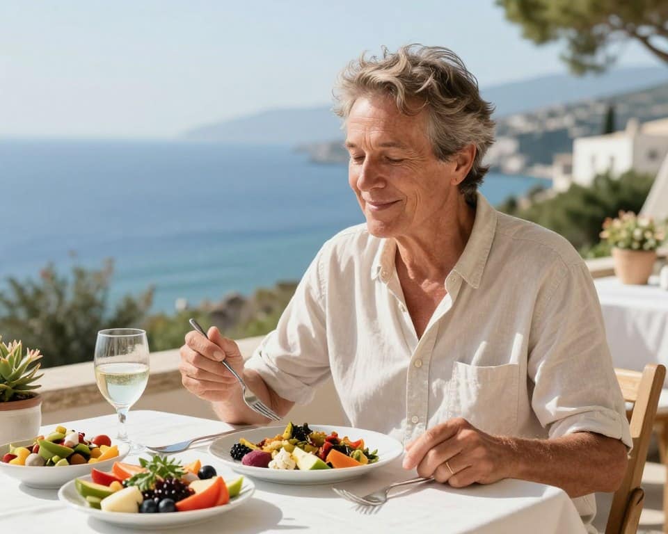 Peaceful mature person enjoying healthy Mediterranean meal outdoors Peaceful mature person enjoying healthy Mediterranean meal outdoors