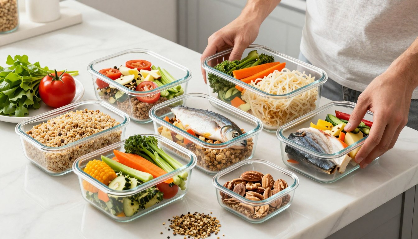 Person preparing meal prep containers with anti-inflammatory foods