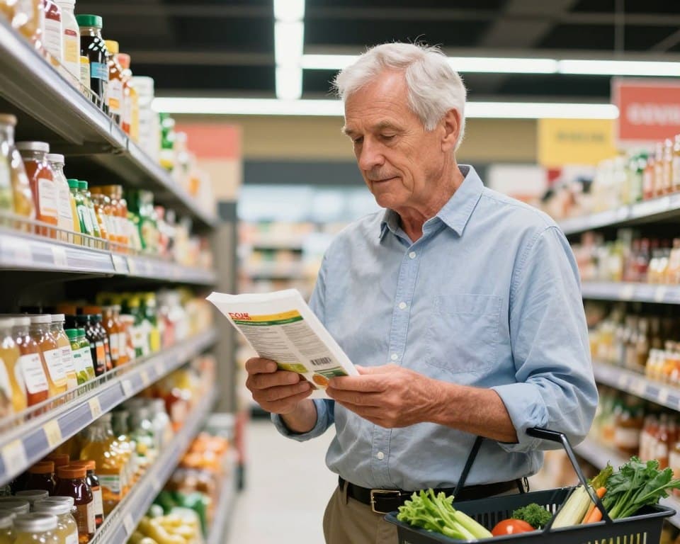 Person reading food labels in grocery store for gout-friendly choices