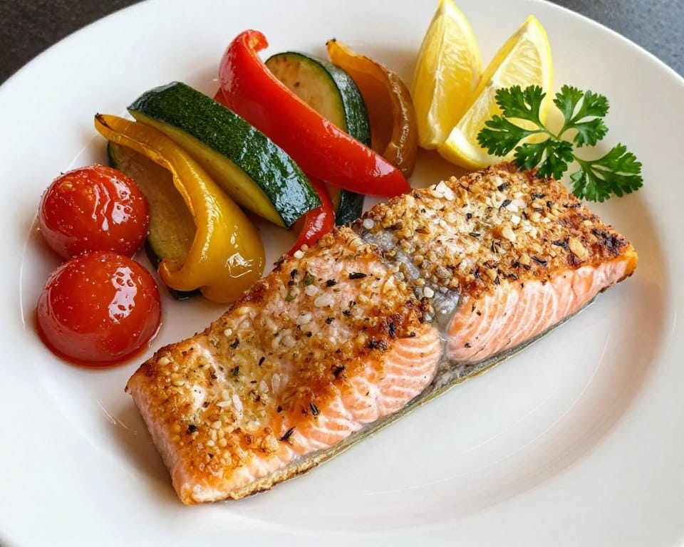 Plated lemon herb salmon with vegetables, Mediterranean style presentation Plated lemon herb salmon with vegetables, Mediterranean style presentation