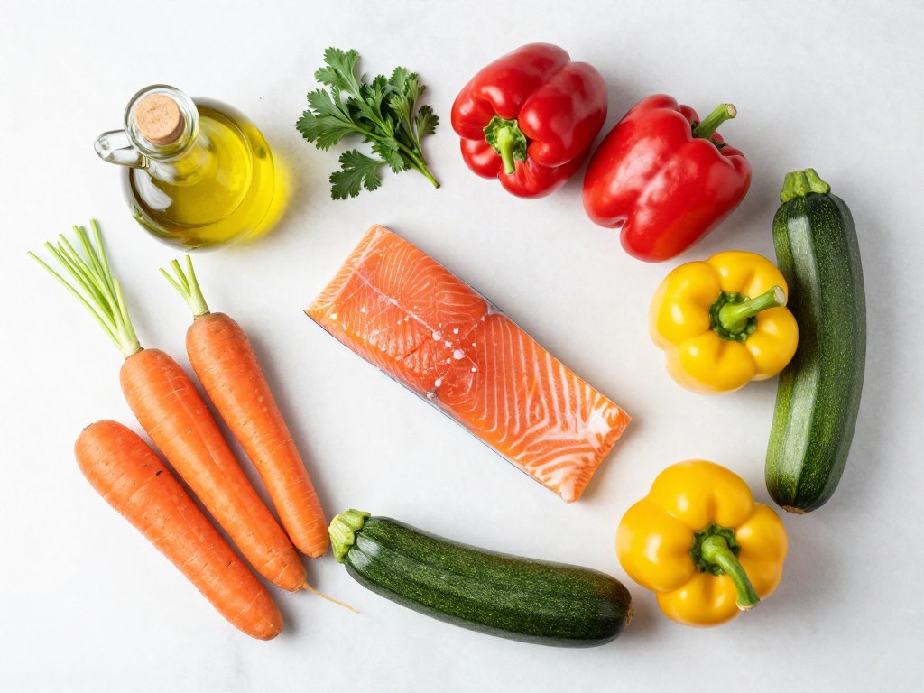 Selection of Mediterranean foods suitable for IBS including olive oil, fish, and low FODMAP vegetables Selection of Mediterranean foods suitable for IBS including olive oil, fish, and low FODMAP vegetables