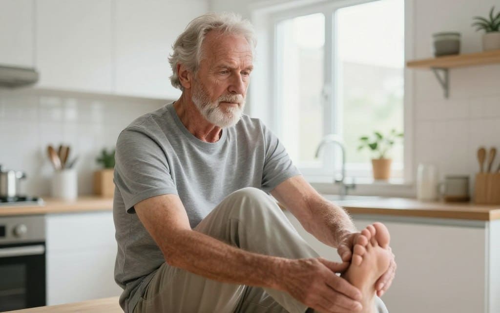 Senior adult examining foot joint affected by gout inflammation
