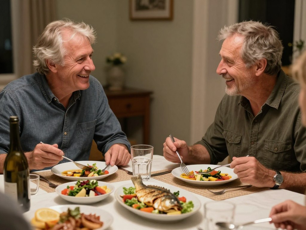 Senior adults over 50 sharing healthy Mediterranean dinner at home Senior adults over 50 sharing healthy Mediterranean dinner at home