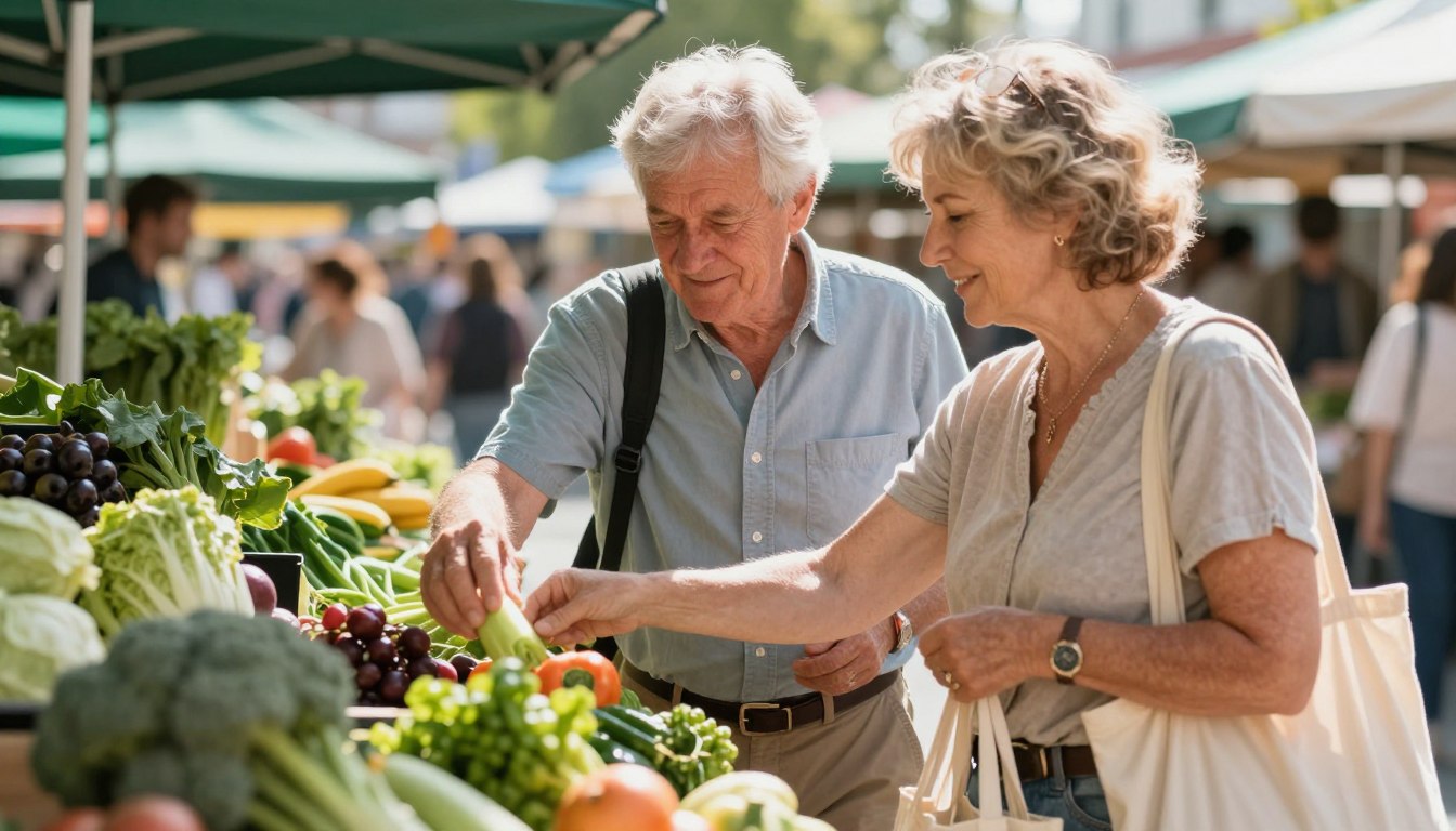 Senior couple shopping for fresh produce at farmers market Senior couple shopping for fresh produce at farmers market