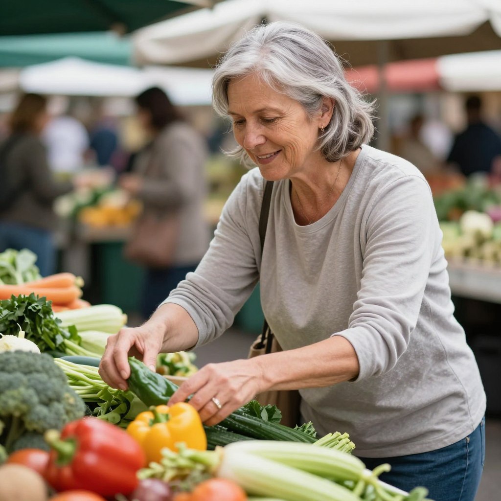 Senior woman over 50 selecting fresh vegetables at farmers market for thyroid health Senior woman over 50 selecting fresh vegetables at farmers market for thyroid health