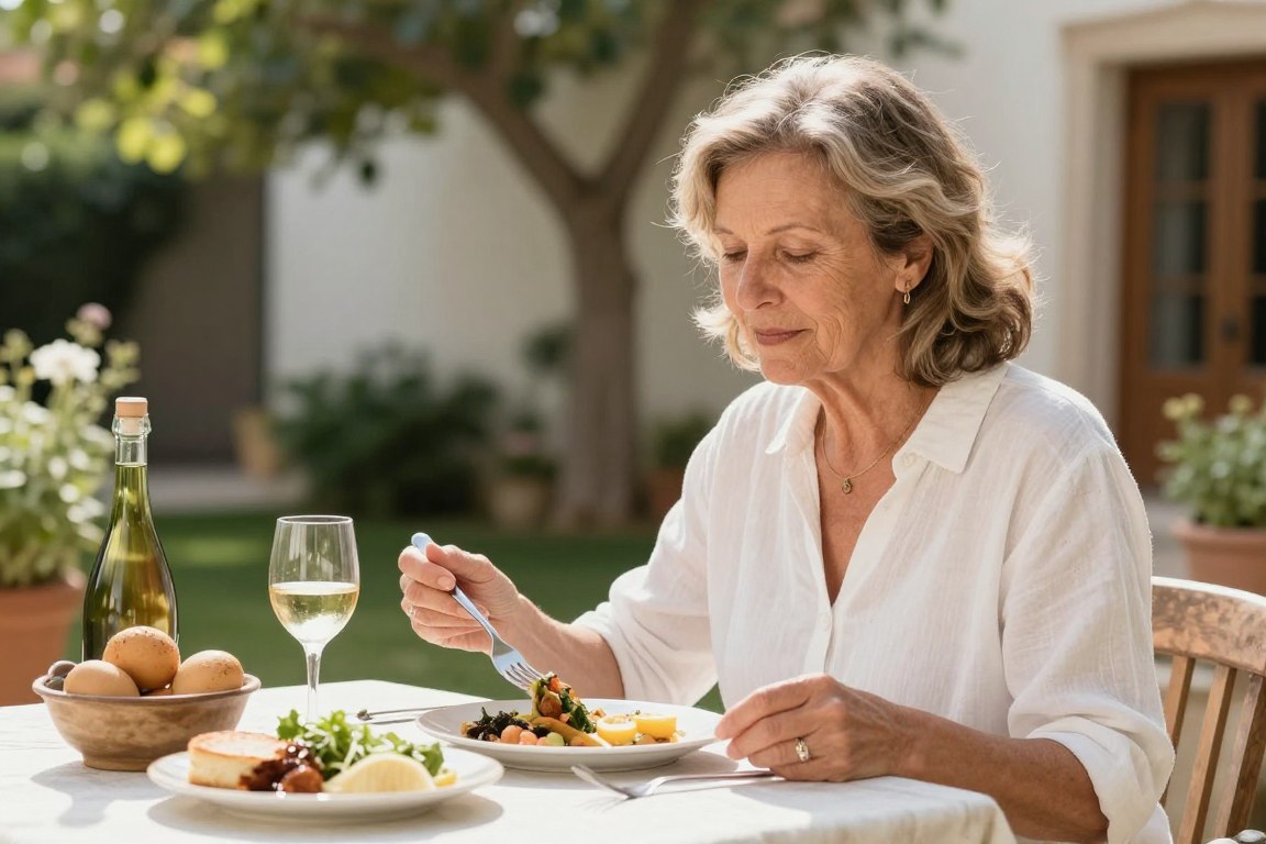 Senior woman practicing mindful eating outdoors in Mediterranean setting Senior woman practicing mindful eating outdoors in Mediterranean setting