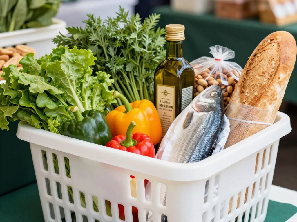 Shopping basket filled with Mediterranean diet essentials including fresh produce, fish, olive oil, and whole grains at farmers market