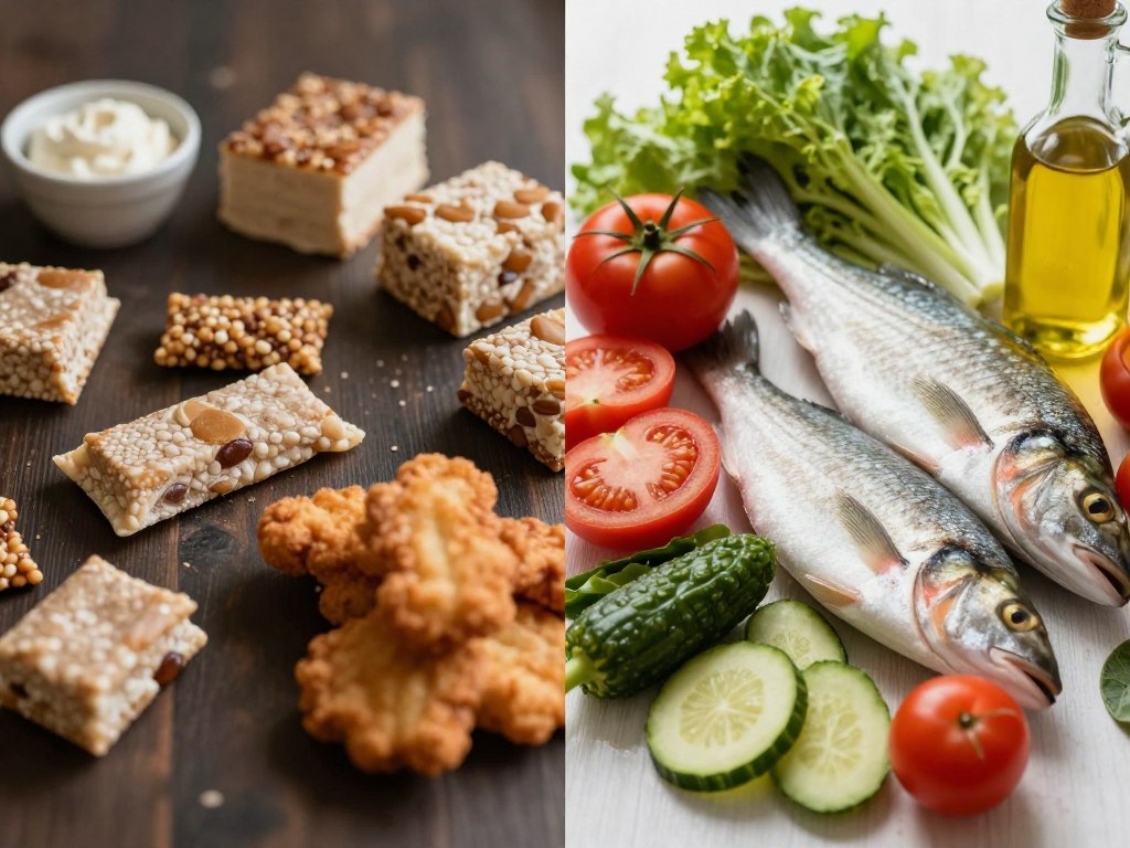 Split image showing processed unhealthy foods on one side and fresh Mediterranean diet foods on the other