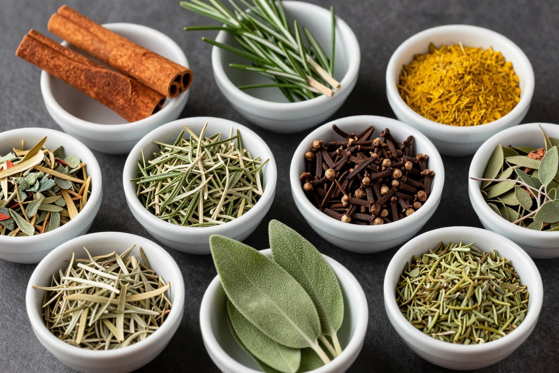 Various anti-inflammatory herbs and spices in small bowls