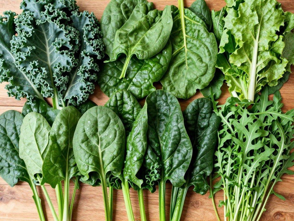 Various leafy greens including kale, spinach, and Swiss chard