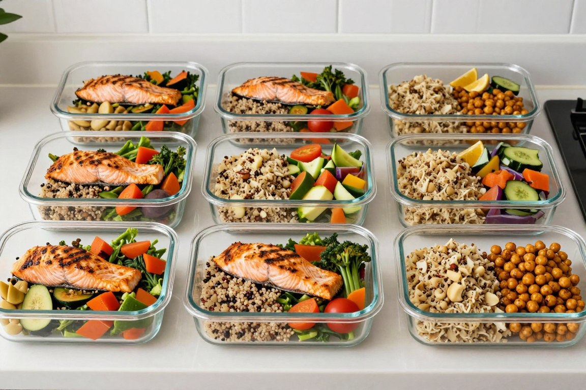Week-long meal prep containers with Mediterranean diet meals including grilled fish, roasted vegetables, and whole grains