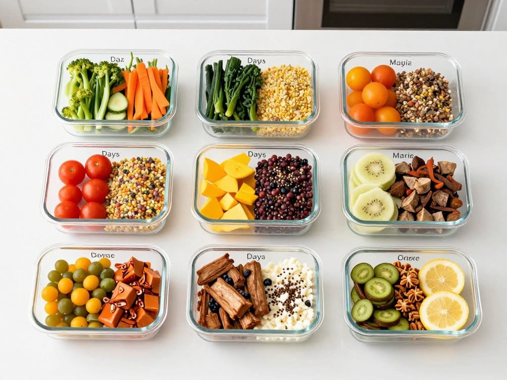 Weekly meal prep containers with Mediterranean diet meals organized and labeled Weekly meal prep containers with Mediterranean diet meals organized and labeled
