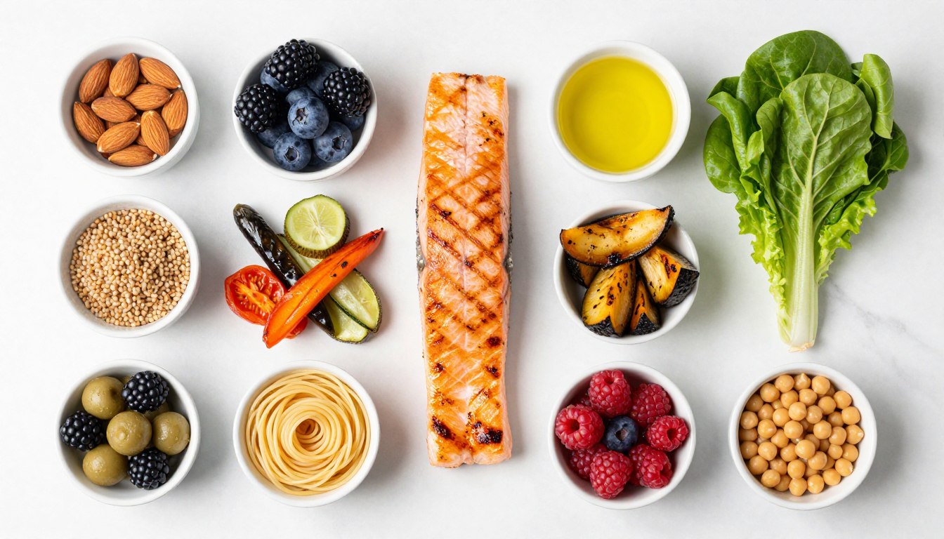 colorful mediterranean diet foods arranged showing variety for arthritis patients