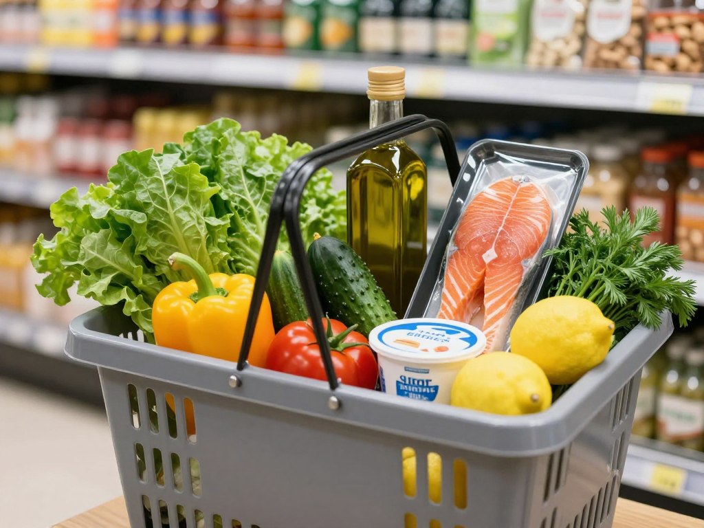 mediterranean diet grocery shopping basket with vegetables olive oil and healthy foods