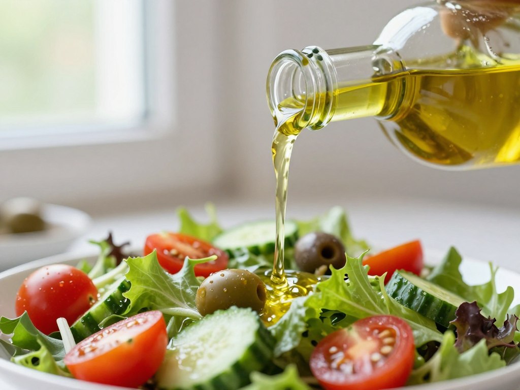 olive oil being poured over fresh salad showing anti-inflammatory foods