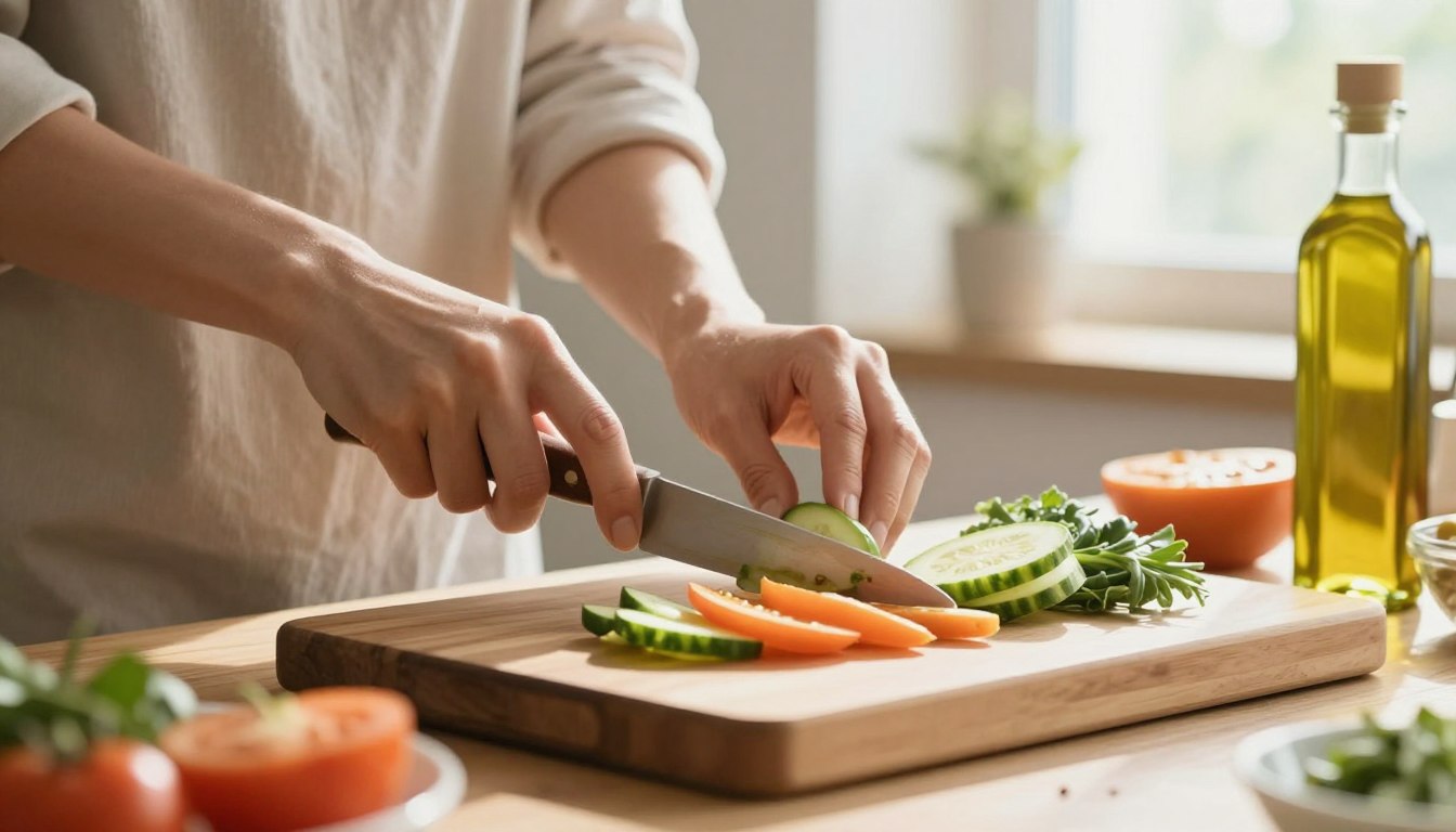 person preparing mediterranean diet meal with fresh ingredients