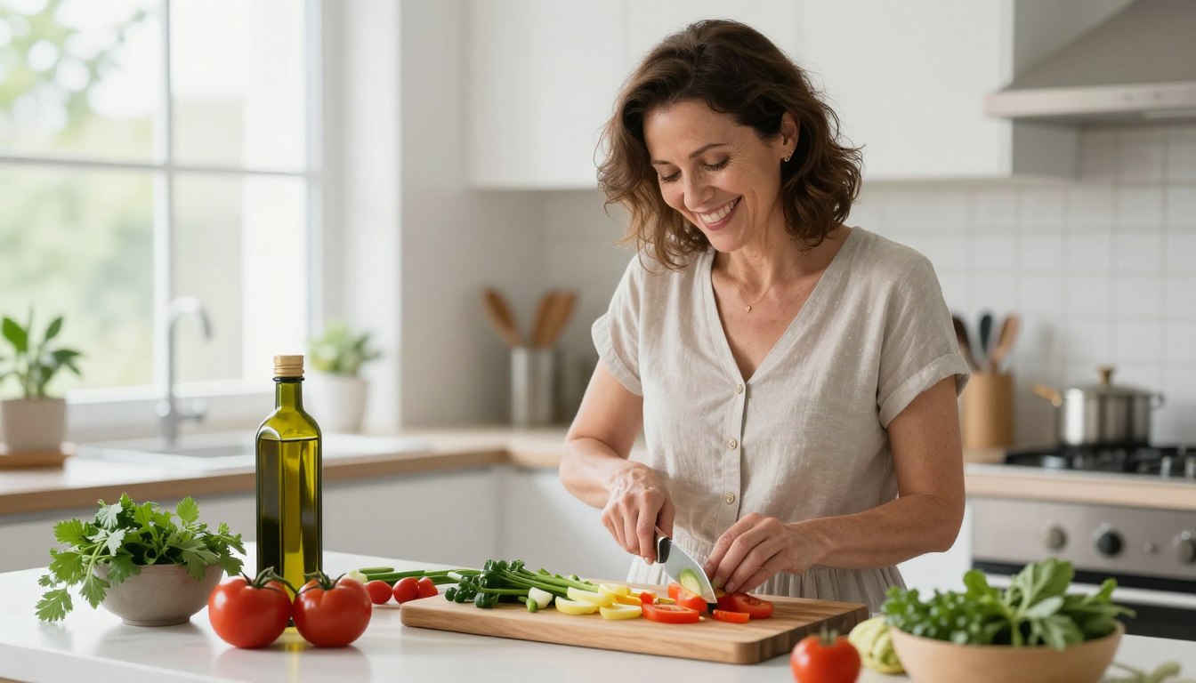 woman preparing mediterranean diet meal in kitchen
