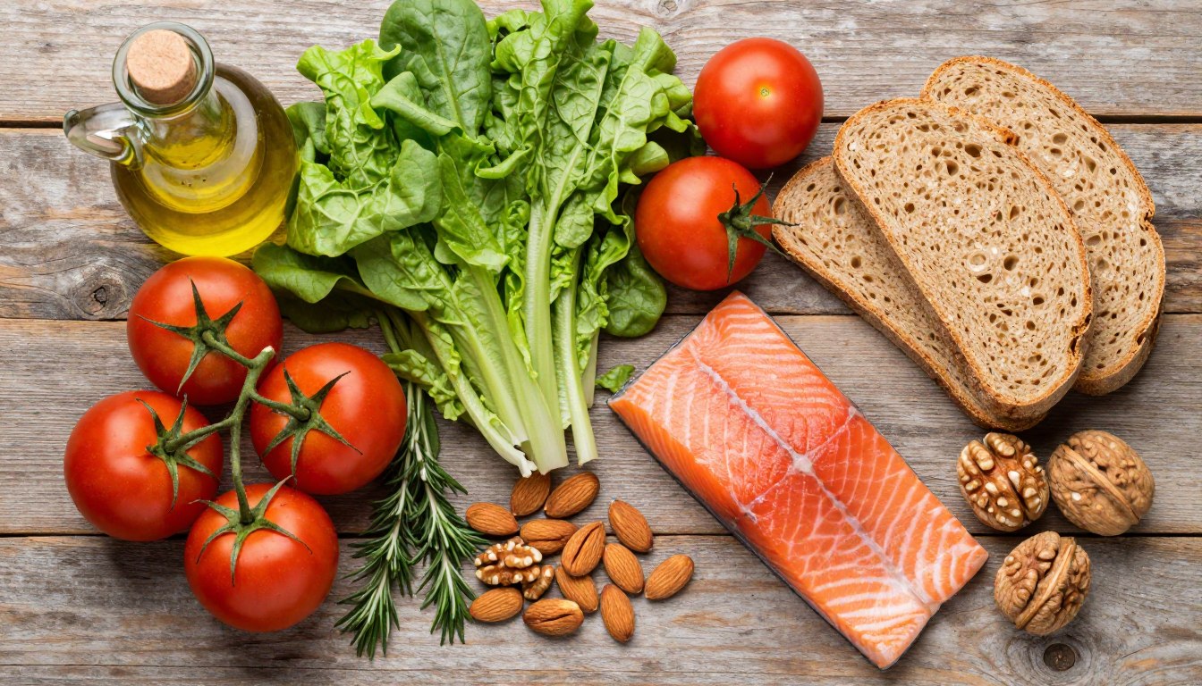 Array of Mediterranean diet foods including olive oil, fresh vegetables, fish, nuts, and whole grains on rustic wooden table