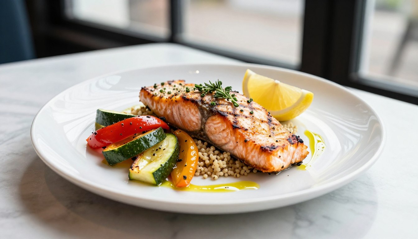 Beautifully plated Mediterranean diet meal with grilled fish, fresh vegetables and quinoa