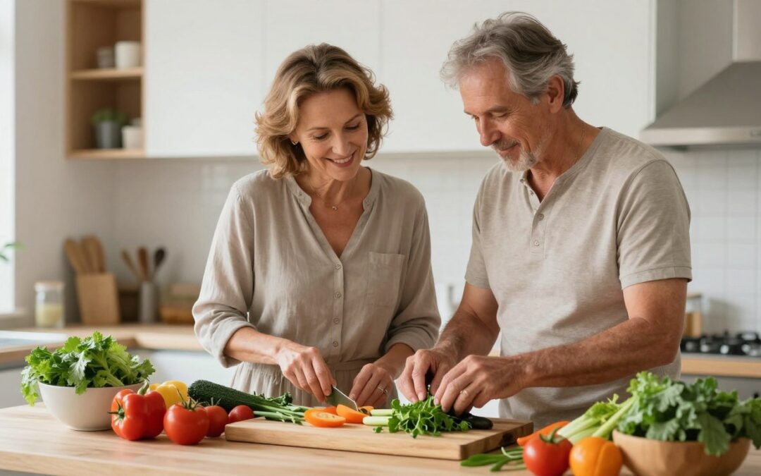 Bloating After Healthy Meals: Mediterranean Ingredient Swaps That Flatten Your Stomach Fast - healthy couple over 50 preparing Mediterranean food in bright kitchen