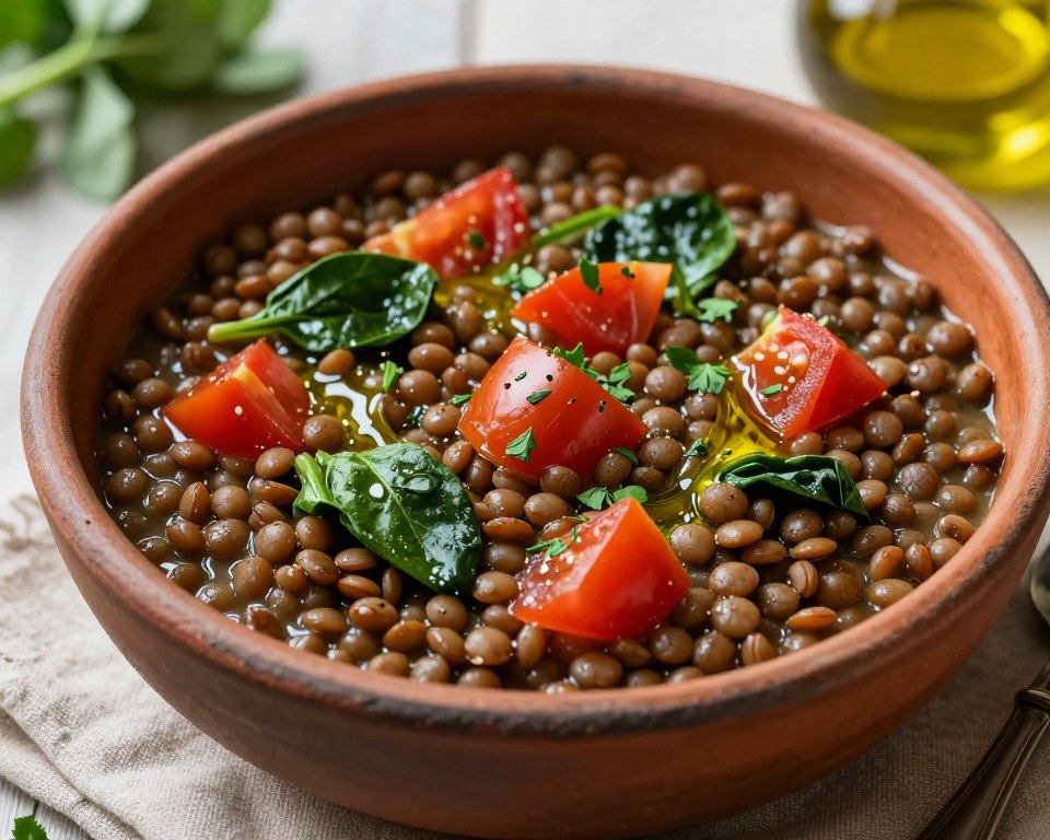 Bowl of Mediterranean lentil stew with fresh herbs