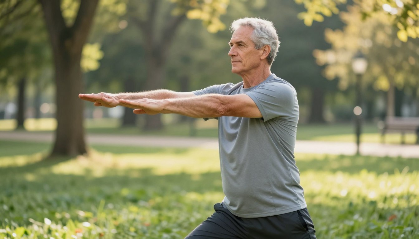 Caucasian man in his late 50s doing gentle stretching exercises outdoors