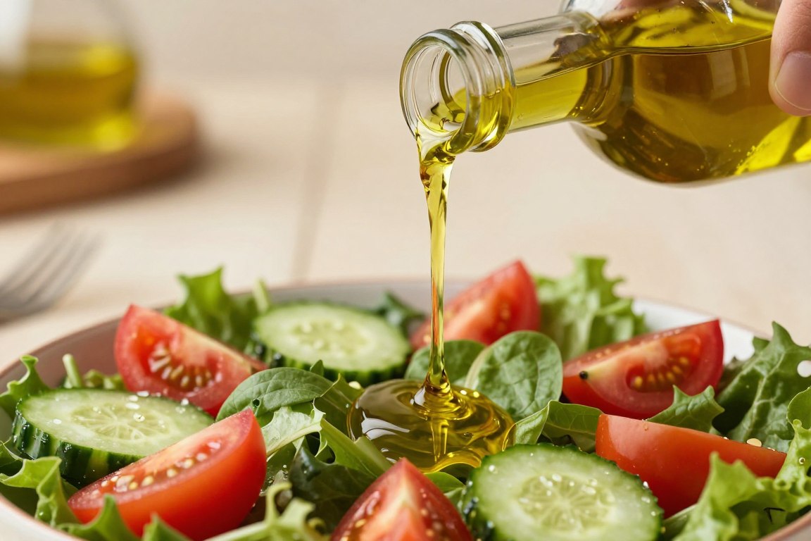Close-up of olive oil being drizzled over fresh salad