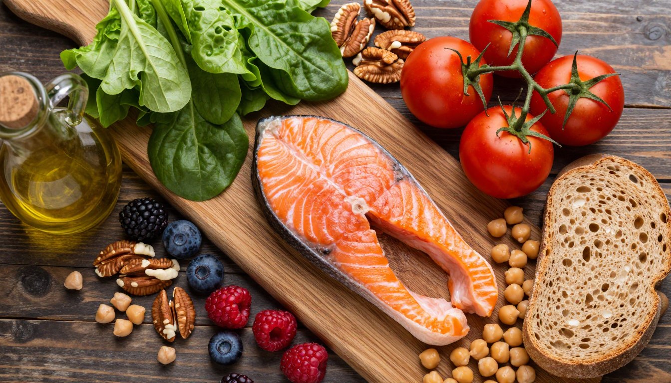Colorful array of Mediterranean diet ingredients on wooden board