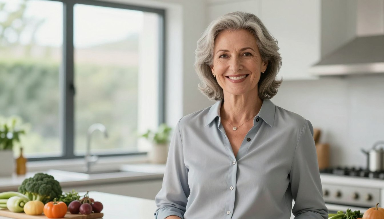 Confident mature woman over 50 looking healthy and happy in kitchen with Mediterranean foods
