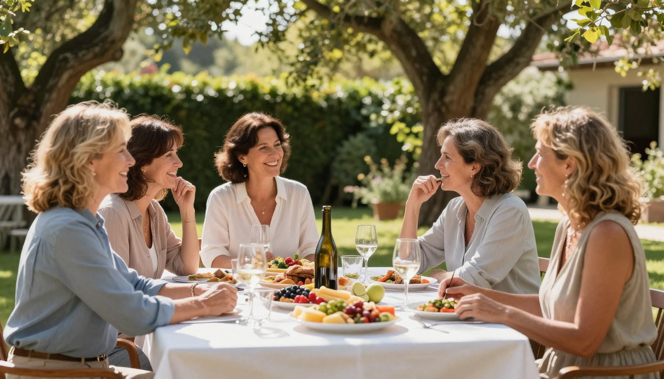 Group of mature women over 50 enjoying outdoor Mediterranean meal together in garden