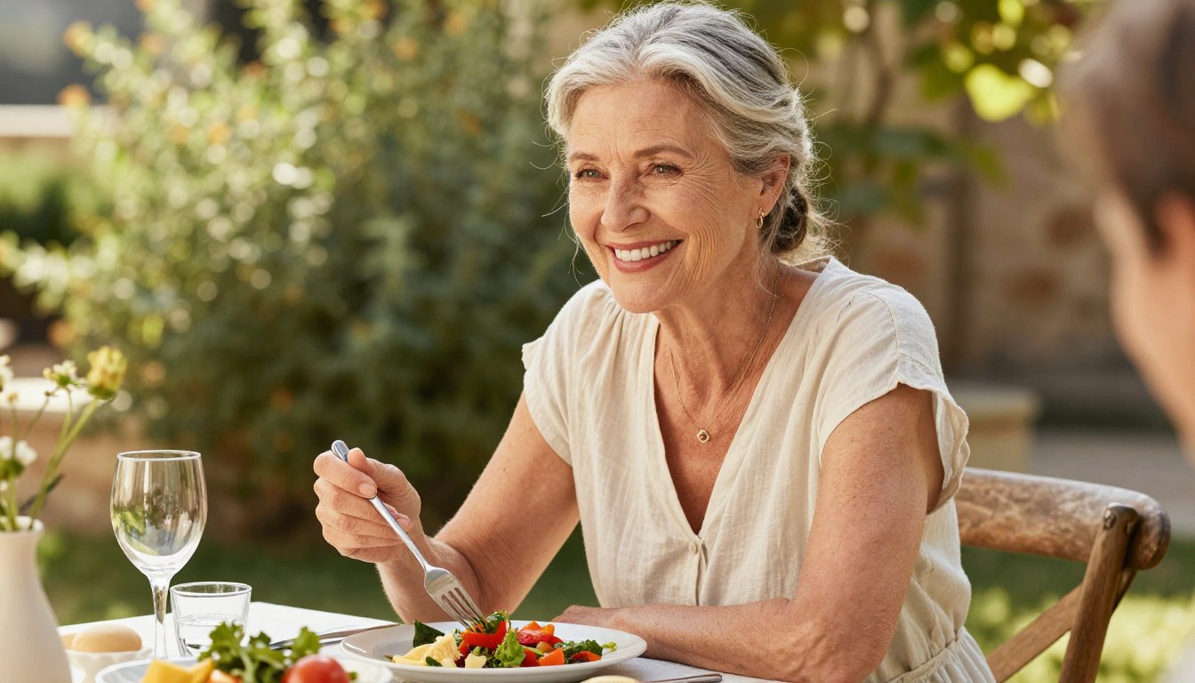 Happy mature woman over 50 enjoying healthy Mediterranean meal outdoors in garden setting