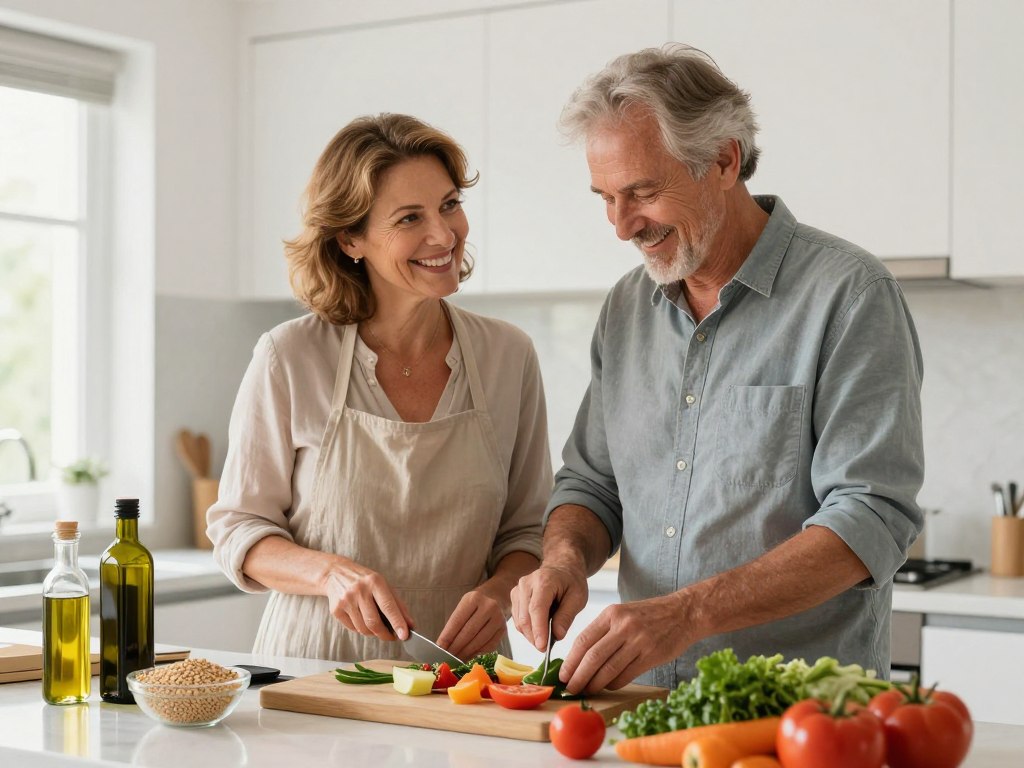 Healthy couple over 50 preparing Mediterranean foods in bright kitchen