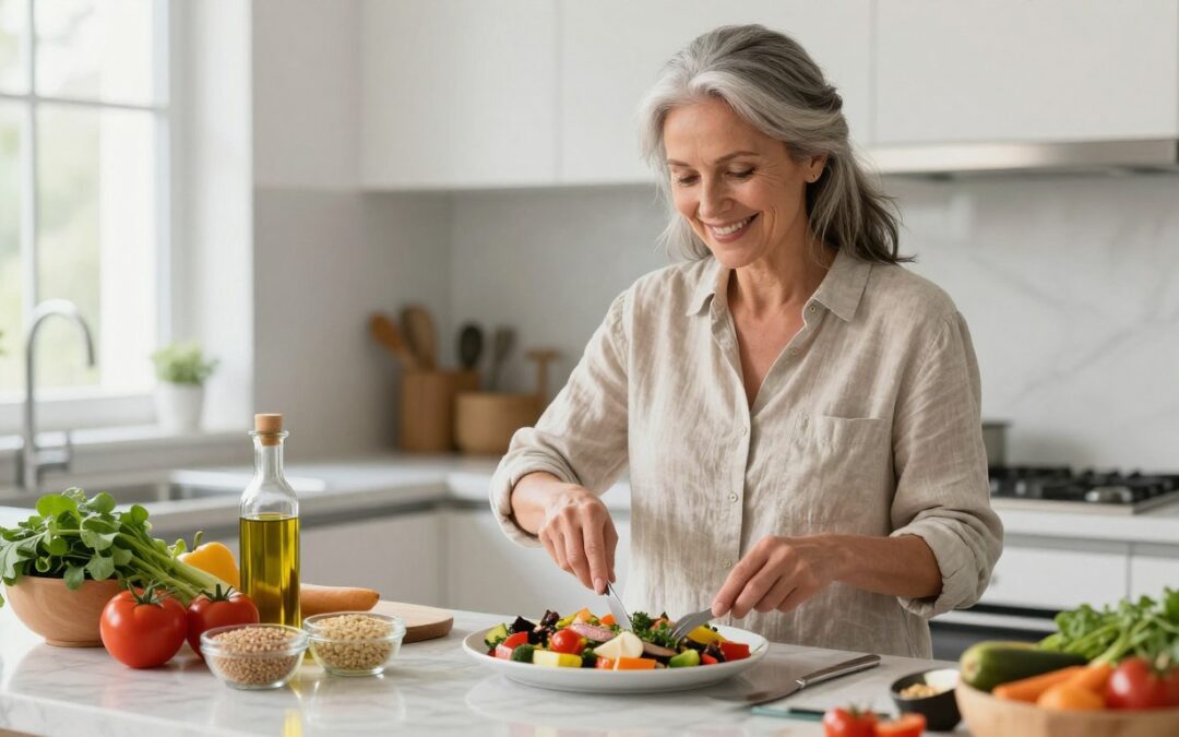 Healthy mature woman over 50 preparing Mediterranean diet meal with fresh vegetables and olive oil in bright kitchen