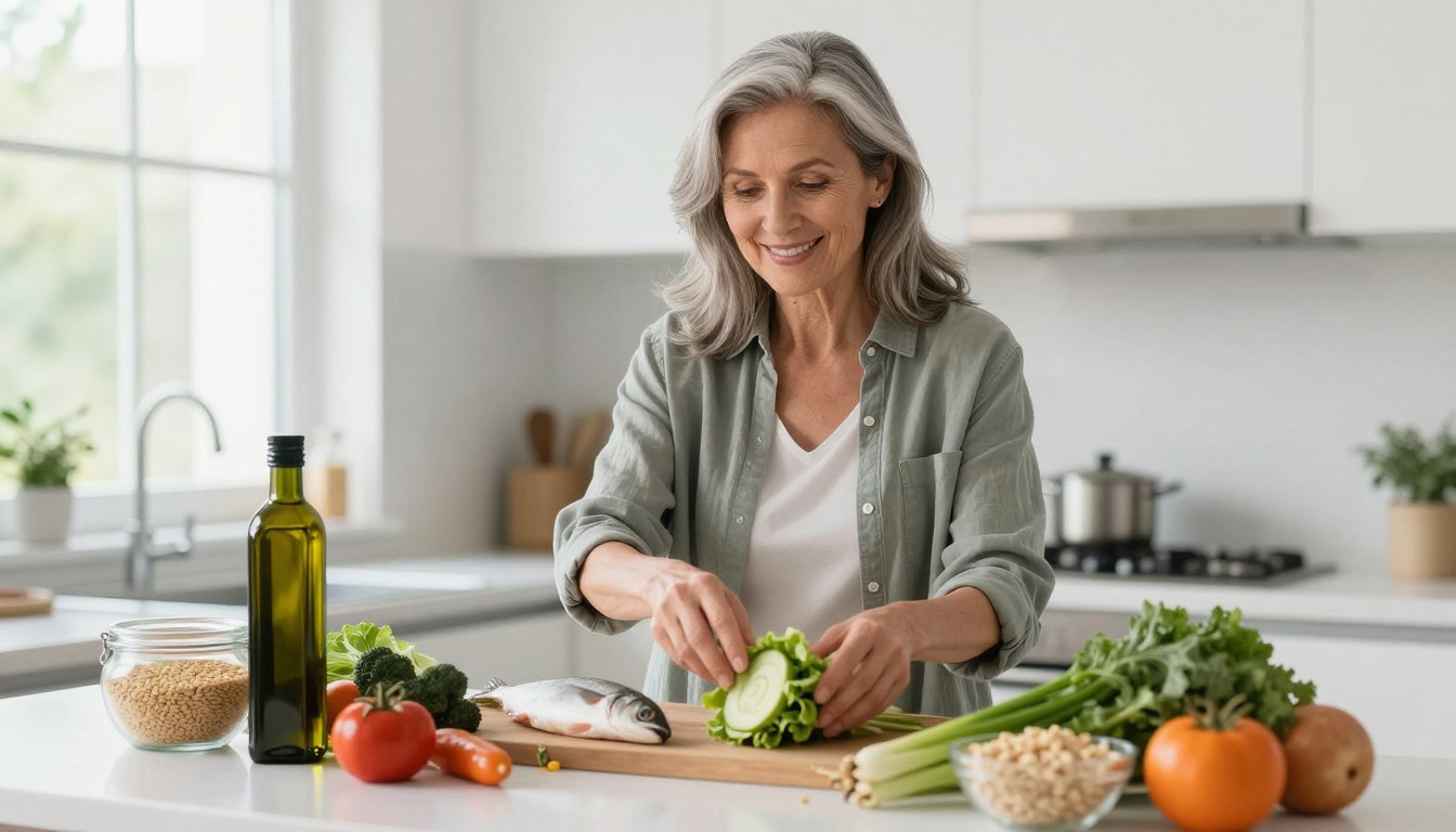 Hopeful mature woman over 50 starting her Mediterranean diet journey with fresh groceries